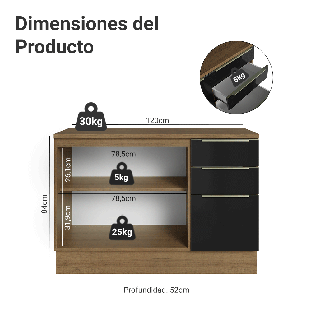 Bajo Mesada de Cocina 120 cm 2 Puetas 3 Cajones (Con Mesada) Marrón/Negro Lux Madesa