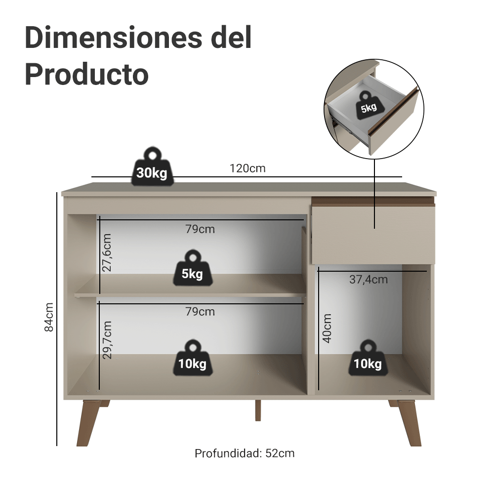 Bajo Mesada para Bacha 120 cm 3 Puertas 1 Cajón Con Patas Nice Crema