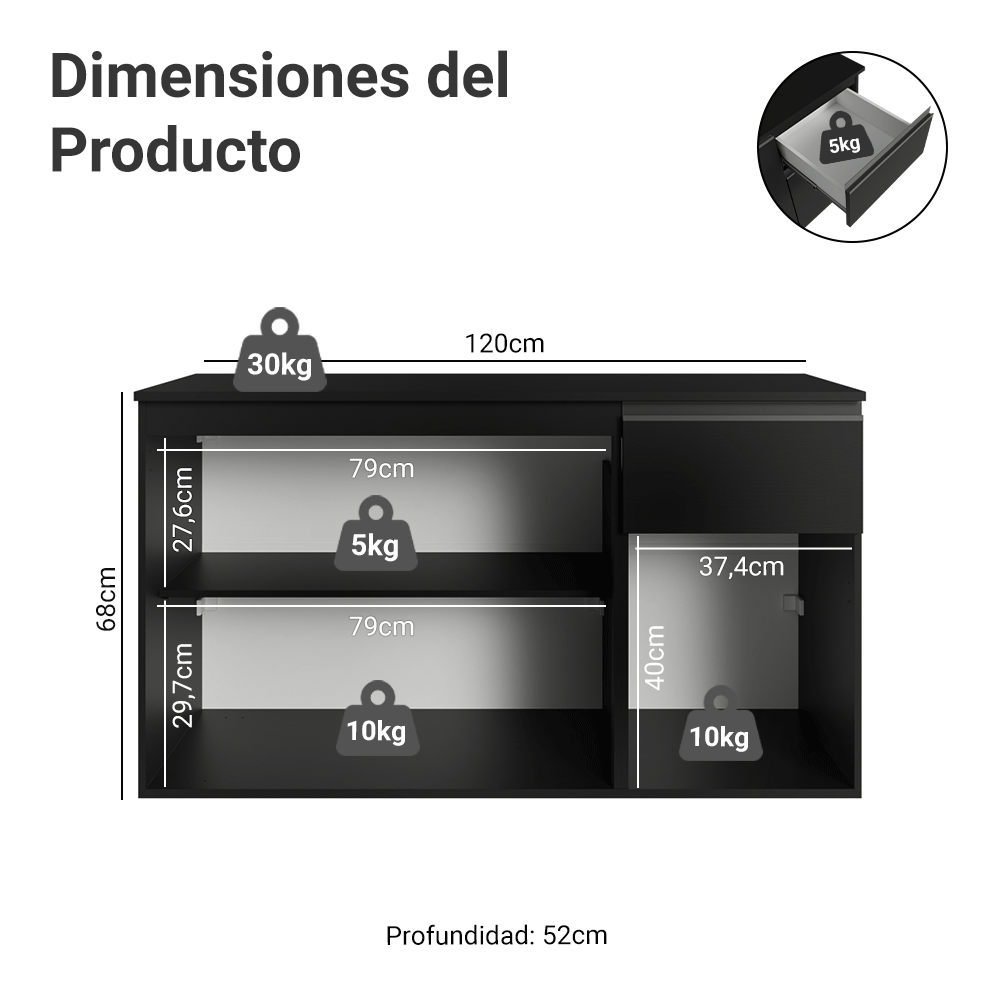 Bajo Mesada de Cocina 120 cm 3 Puertas 1 Cajón Flotante Negro Nice Madesa
