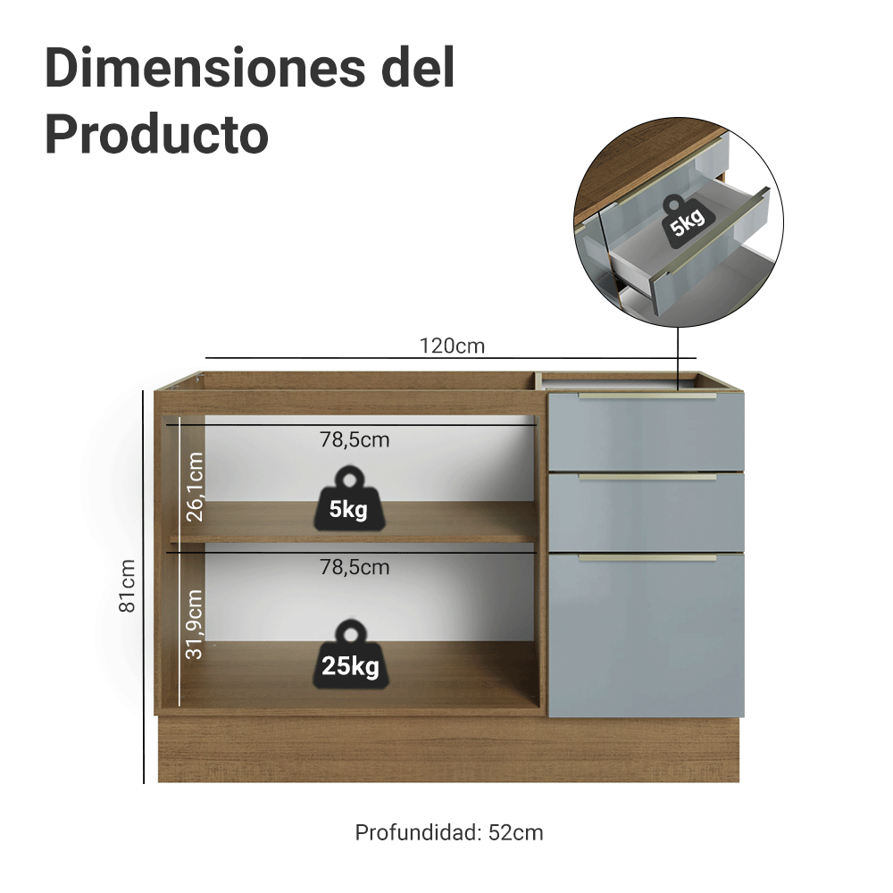 Bajo Mesada para Bacha 120 cm 2 Puetas 3 Cajones (Sin Mesada) Marrón/Gris Lux Madesa