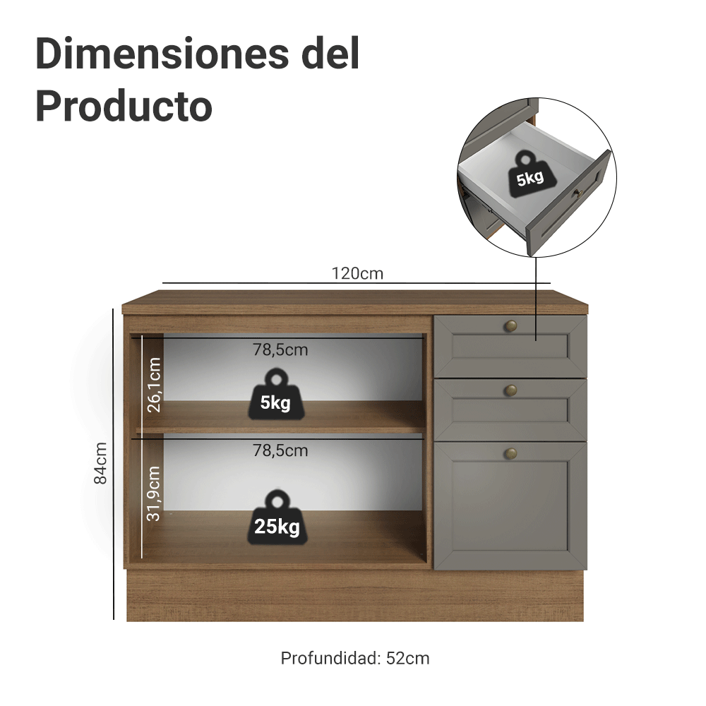 Bajo Mesada de Cocina 120 cm 2 Puertas 3 Cajones Marrón/Gris Vik Madesa