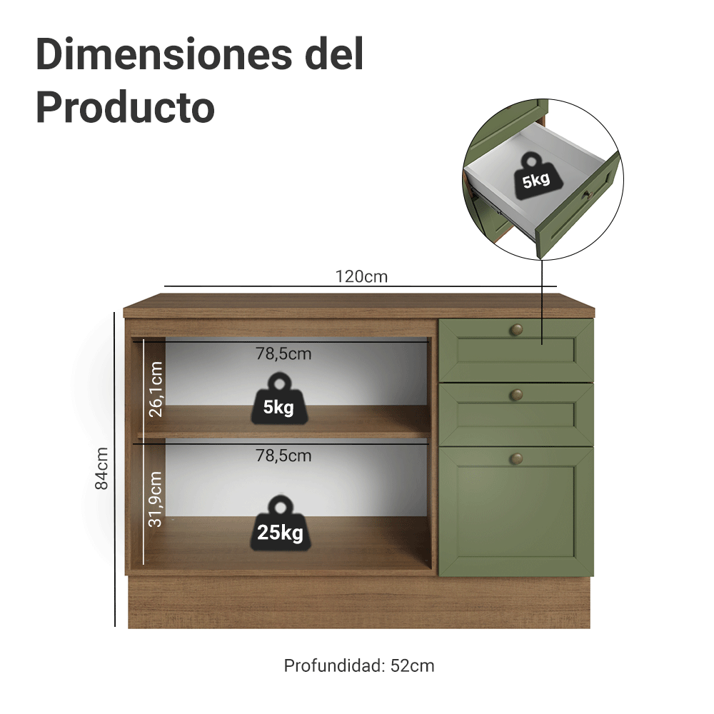 Bajo Mesada Cocina 120 cm 2 Puertas 3 Cajones (Con Mesada) Marrón/Verde Vik Madesa