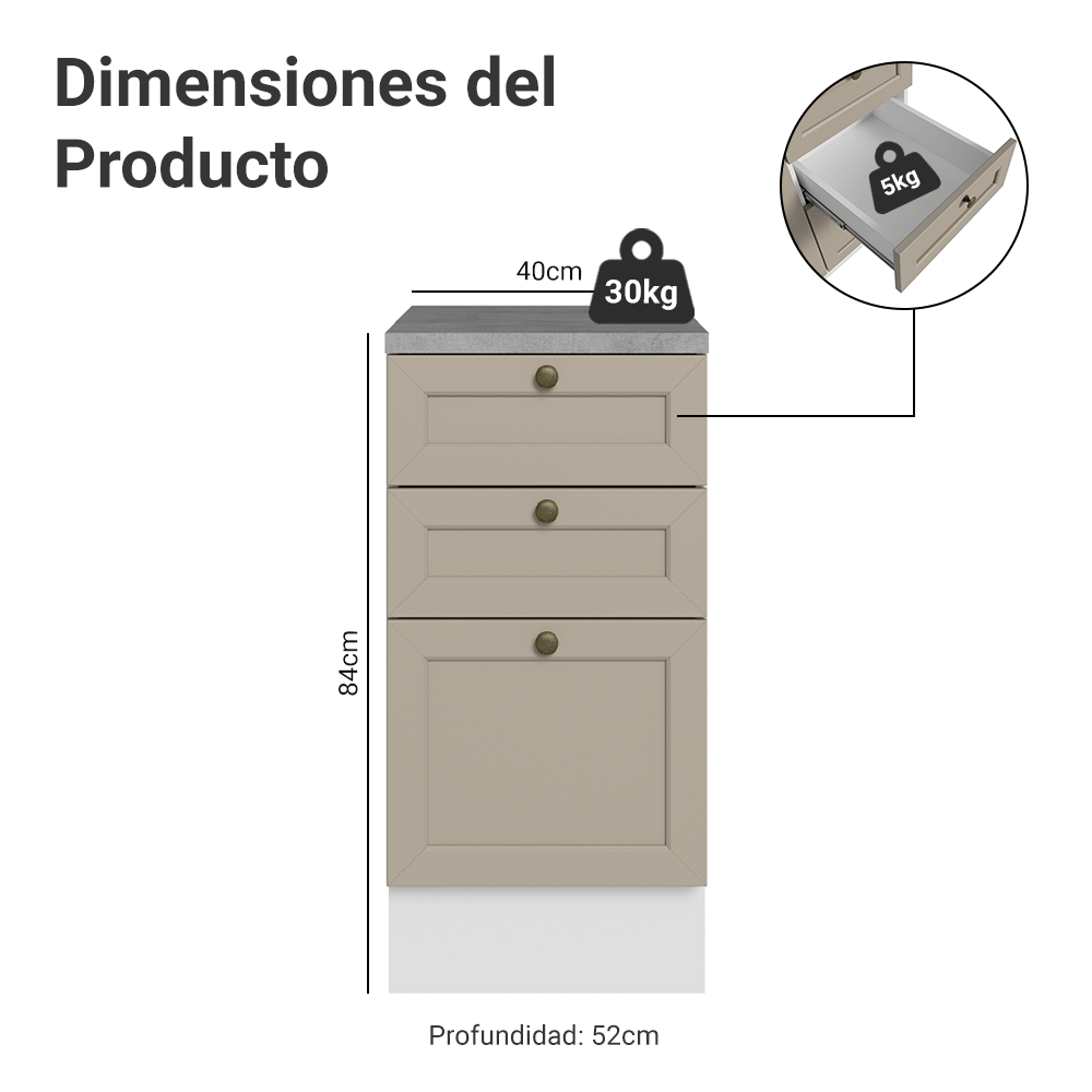 Bajo Mesada 40 cm 3 Cajones Blanco/Crema Vik Madesa