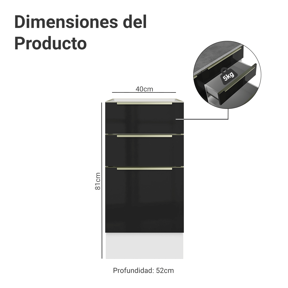 Bajo Mesada de Cocina 40 cm 3 Cajones (Sin Mesada) Blanco/Negro Lux Madesa