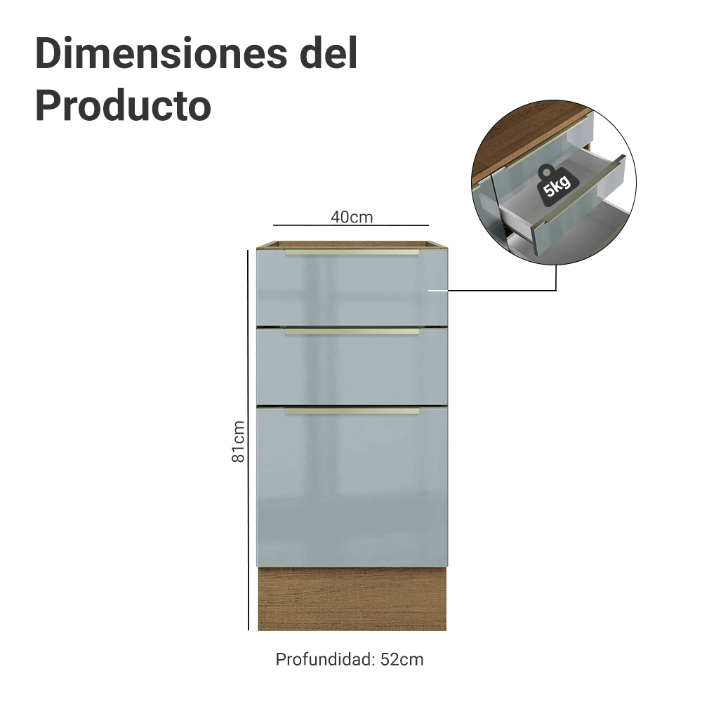 Bajo Mesada de Cocina 40 cm 3 Cajones (Sin Mesada) Marrón/Gris Lux Madesa