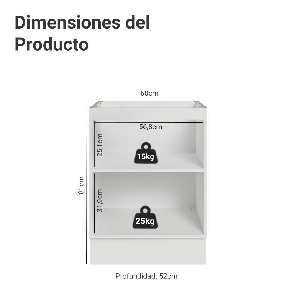 Bajo Mesada de Cocina 60 cm 1 Puerta (Sin Mesada) Blanco/Gris Lux Madesa