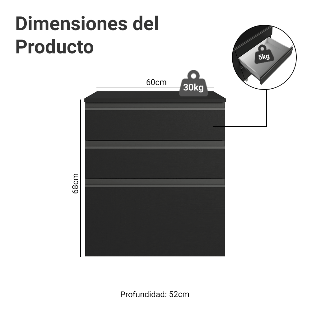 Bajo Mesada de Cocina 60 cm 3 Cajones Flotante Negro Nice Madesa