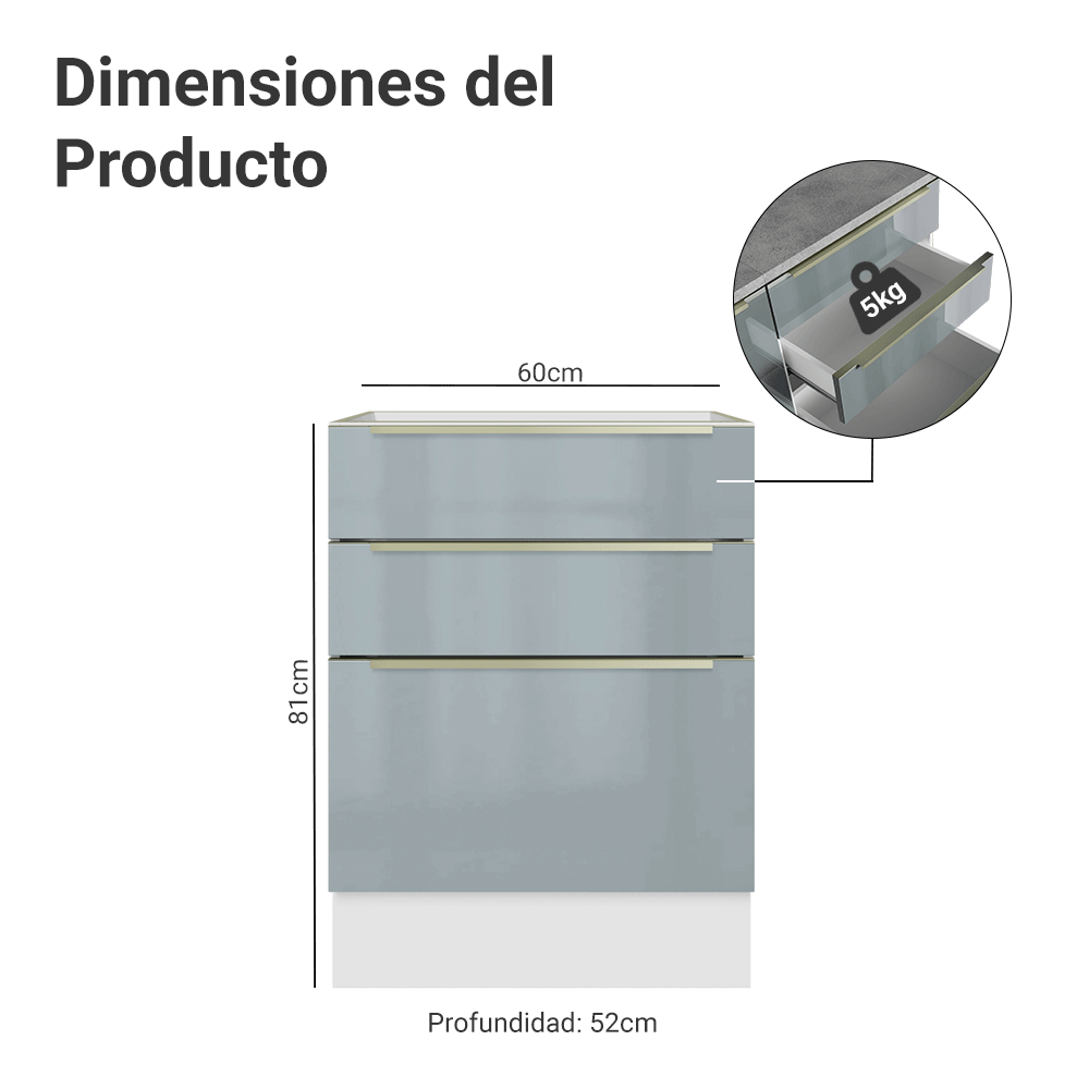 Bajo Mesada de Cocina 60 cm 3 Cajones (Sin Mesada) Blanco/Gris Lux Madesa