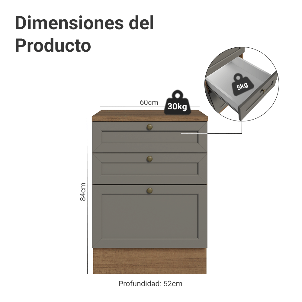 Bajo Mesada de Cocina 60 cm 3 Cajones Marrón/Gris Vik Madesa