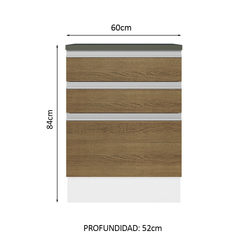 Bajo Mesada Cocina 100% MDF 60 cm 3 Cajones Blanco/Marrón Acordes Madesa