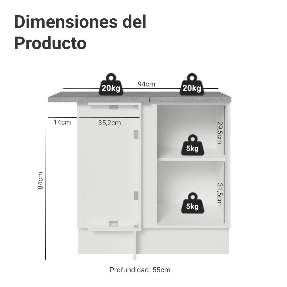 Bajo Mesada Esquinero 1 Puerta Blanco/Crema Vik Madesa
