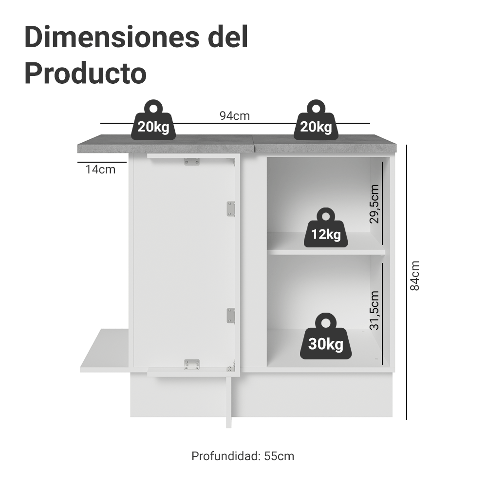 Bajo Mesada Esquinero 1 Puerta Blanco/Gris Lux Madesa