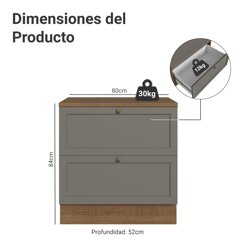 Bajo Mesada de Cocina 80 cm 2 Cajones Marrón/Gris Vik Madesa