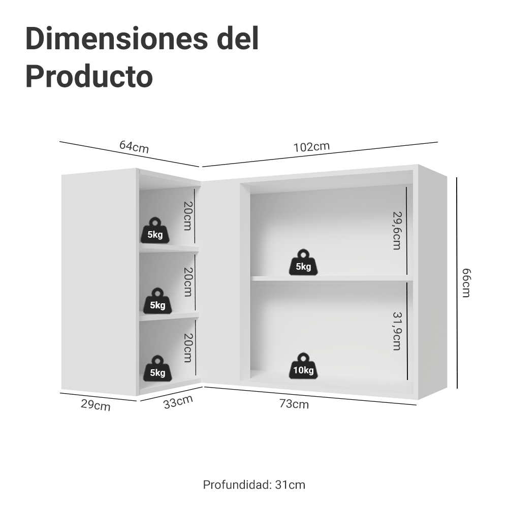Alacena Cocina Esquinera Para Línea 60 cm de Profundidad Blanco/Crema Vik Madesa