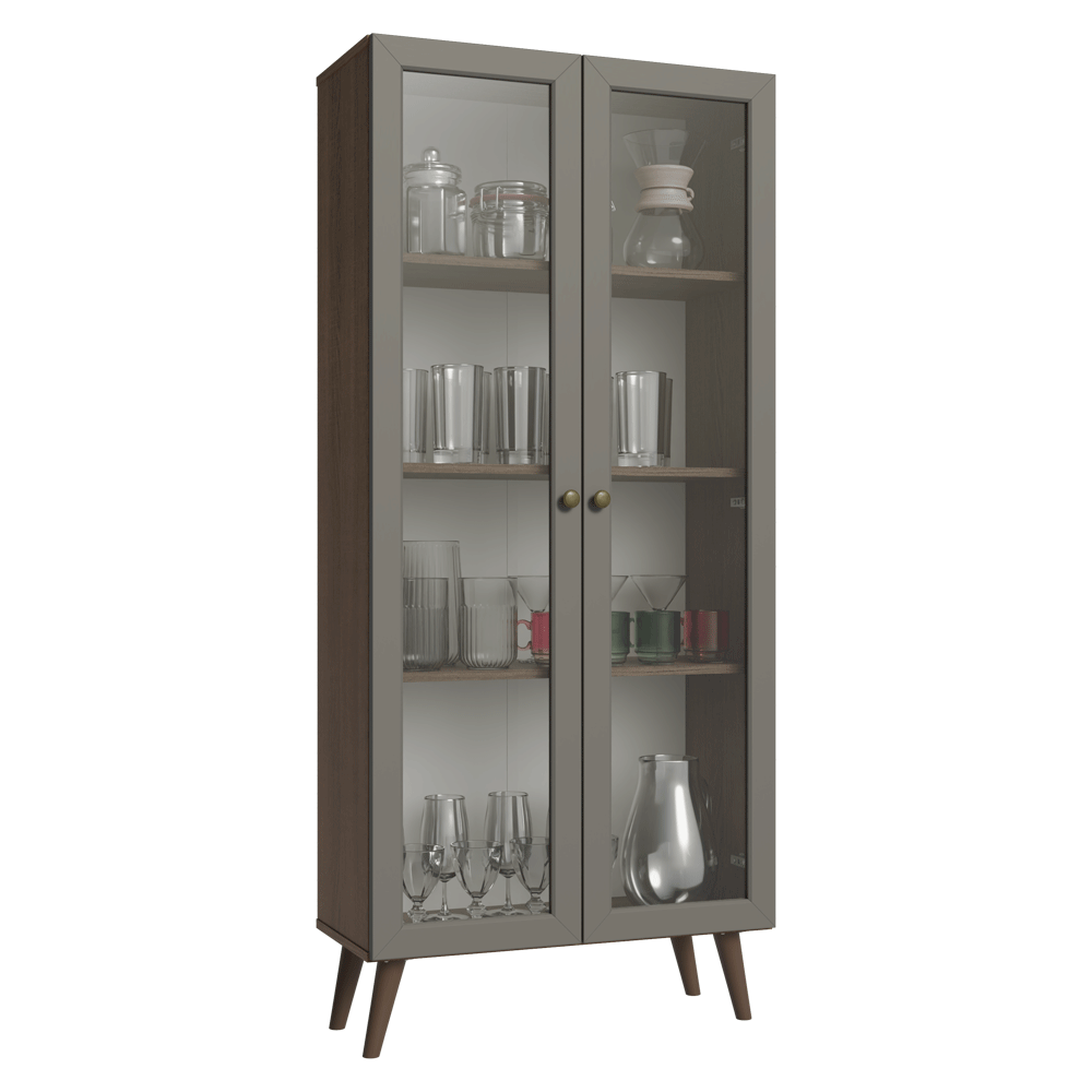 Cristalero 70 cm 2 Puertas de Vidrio con Patas Vik Marrón/Gris/Marrón
