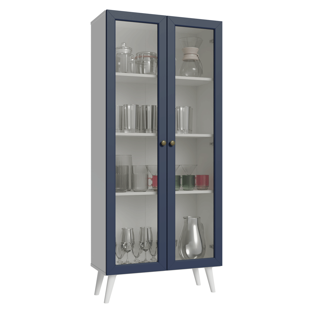 Cristalero 70 cm 2 Puertas de Vidrio con Patas Vik Blanco/Azul/Blanco
