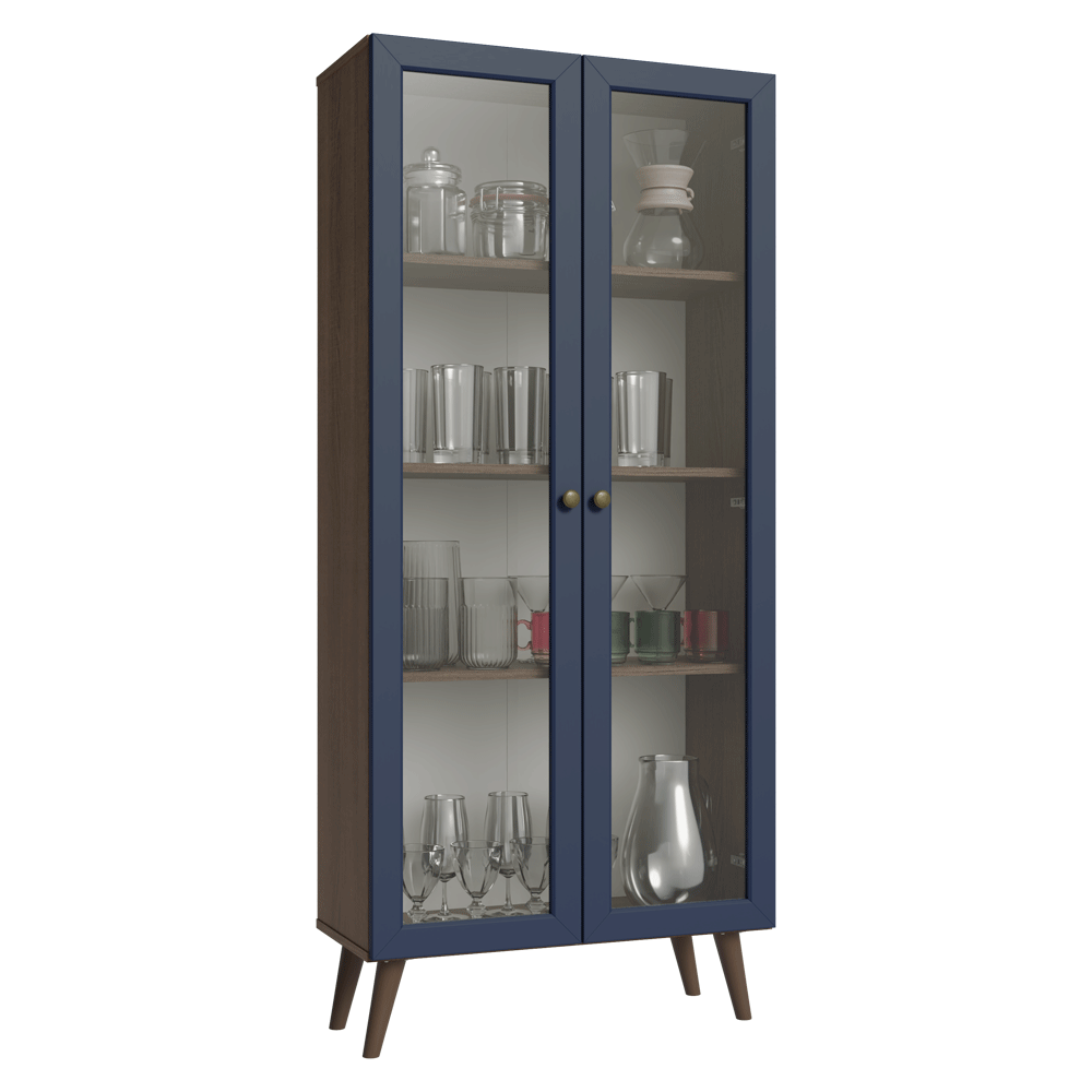 Cristalero 70 cm 2 Puertas de Vidrio con Patas Vik Marrón/Azul/Marrón
