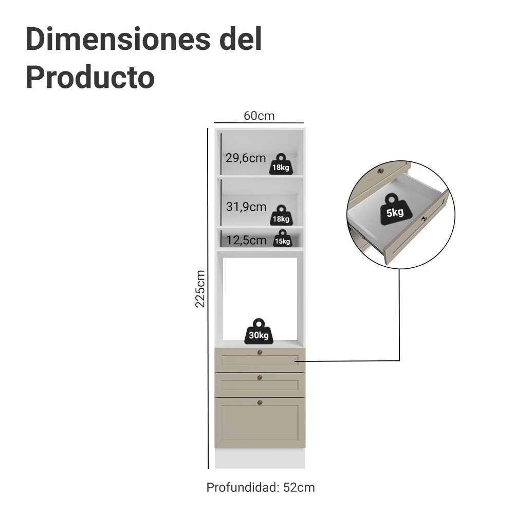 Mueble de cocina para Horno/Microondas 60 cm 1 Pueta 3 Cajones Blanco/Crema Vik Madesa