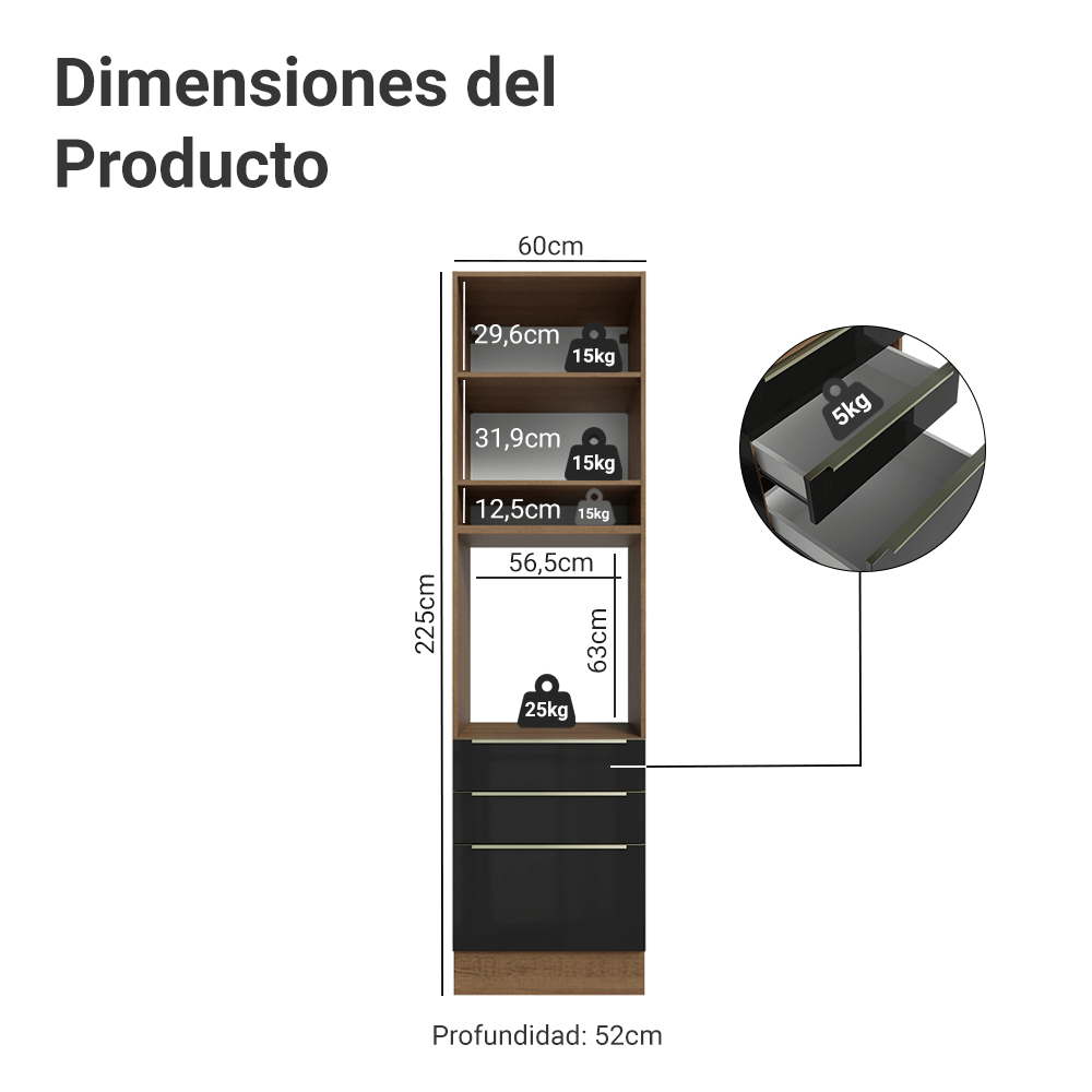 Mueble para Horno/Microondas 60 cm 1 Puerta y 3 Cajones Marrón/Negro Lux Madesa