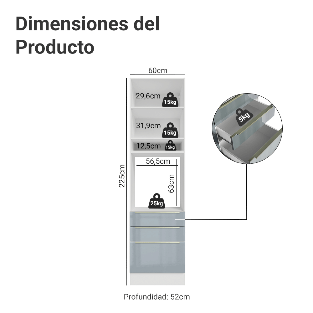 Mueble para Horno/Microondas 60 cm 1 Puerta y 3 Cajones Marrón/Gris Lux Madesa