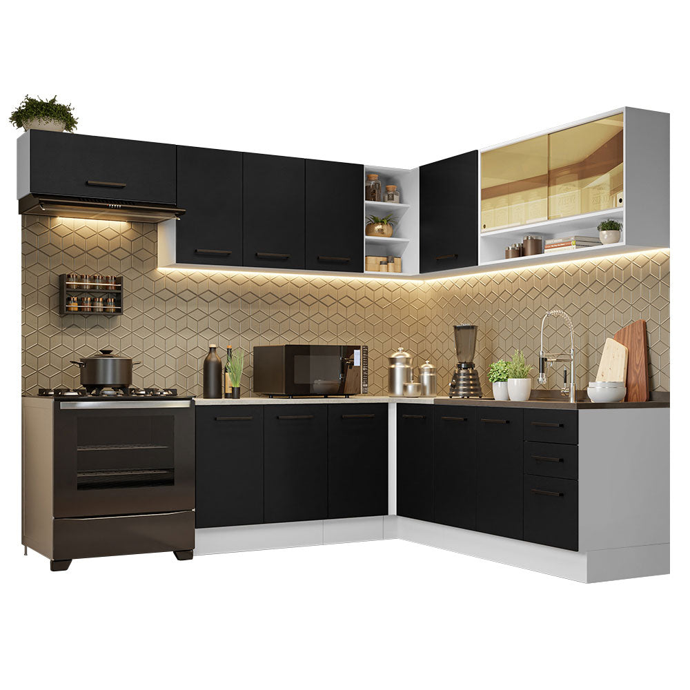 Combo Completo de Cocina Esquinera 486 cm Blanco/Negro 60 cm de Profundidad Agata Madesa 01