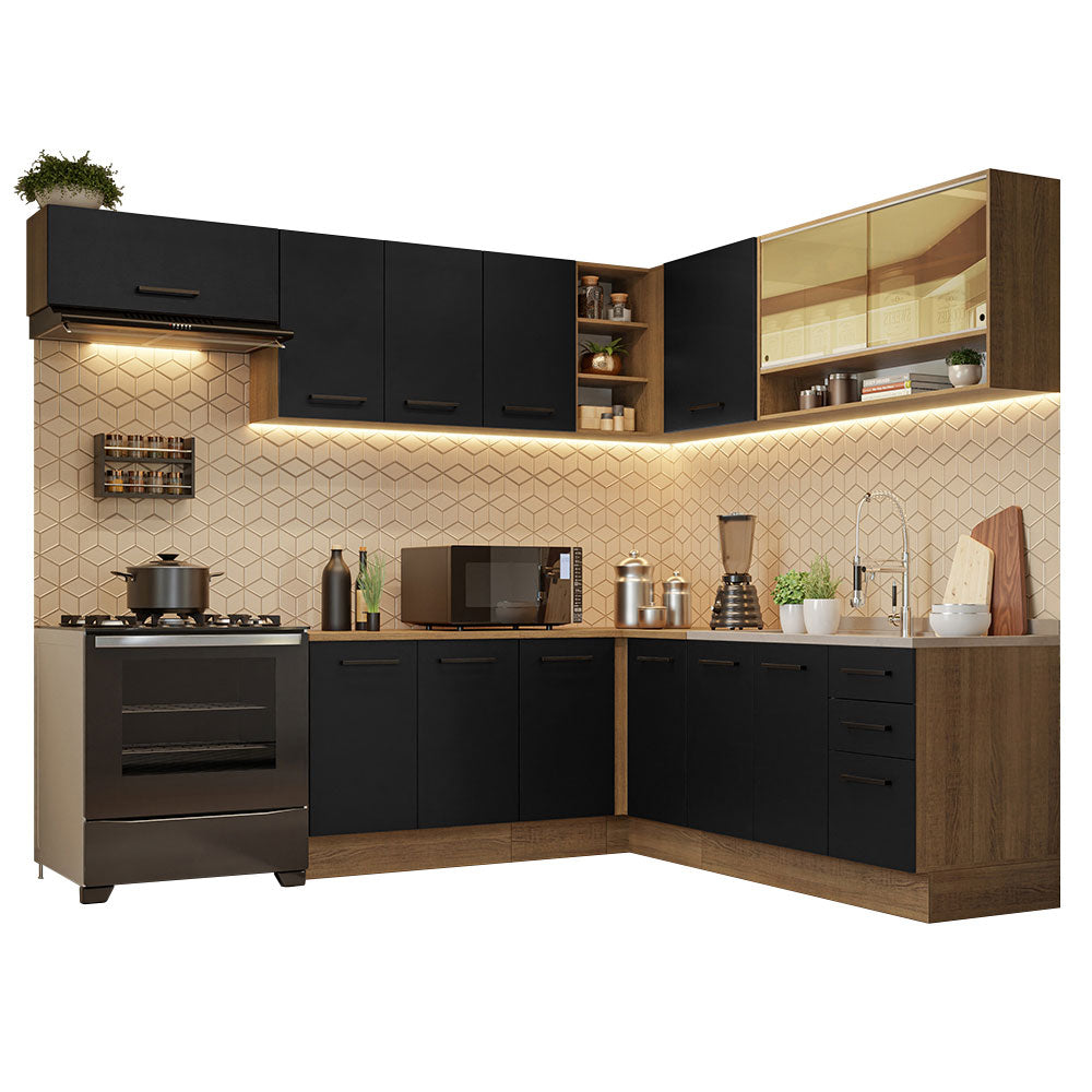 Combo Completo de Cocina Esquinera 486 cm Marrón/Negro 60 cm de Profundidad Agata Madesa 01