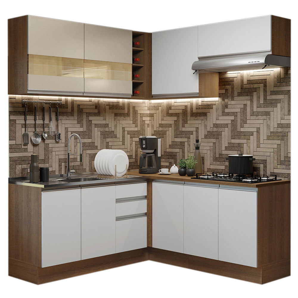 Combo Completo de Cocina Esquinera 349 cm Marrón/Blanco/Crema Glamy Madesa 01