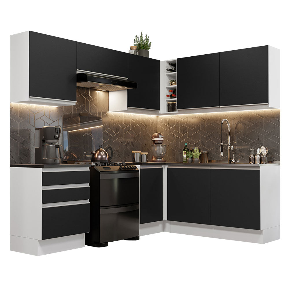 Combo Completo de Cocina Esquinera 100% MDF 409 cm Blanco/Negro Acordes Madesa 01