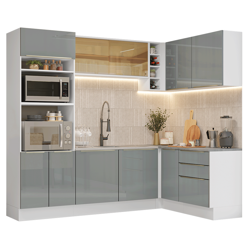 Combo completo de Cocina Esquinero 399 cm Blanco/Gris Lux Madesa 01