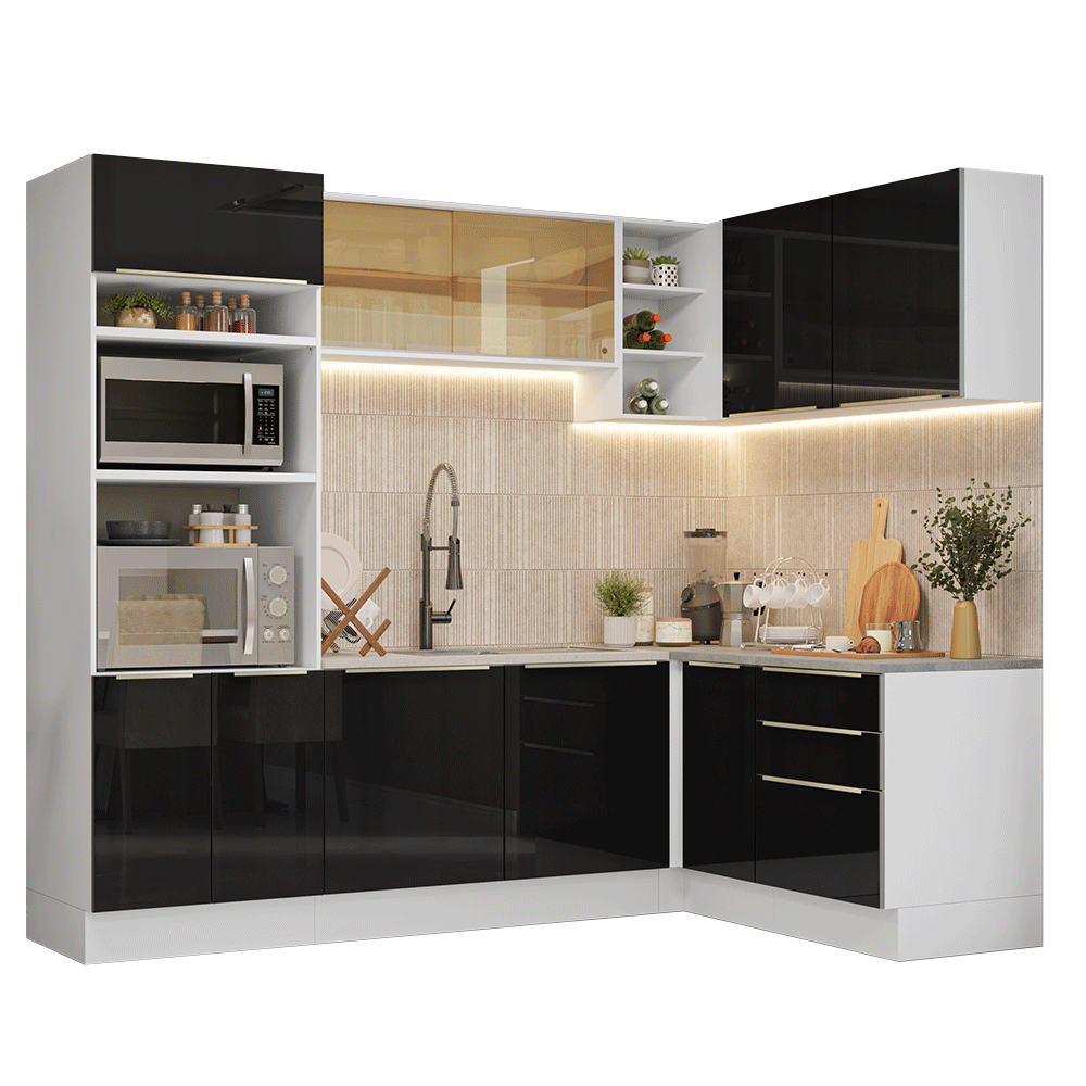 Combo completo de Cocina Esquinero 416 x 60 cm Blanco/Negro Lux Madesa 01