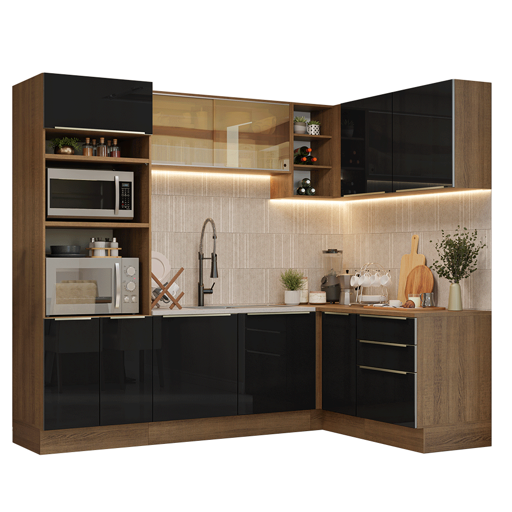 Combo completo de Cocina Esquinero 416 x 60 cm Marrón/Negro Lux Madesa 01