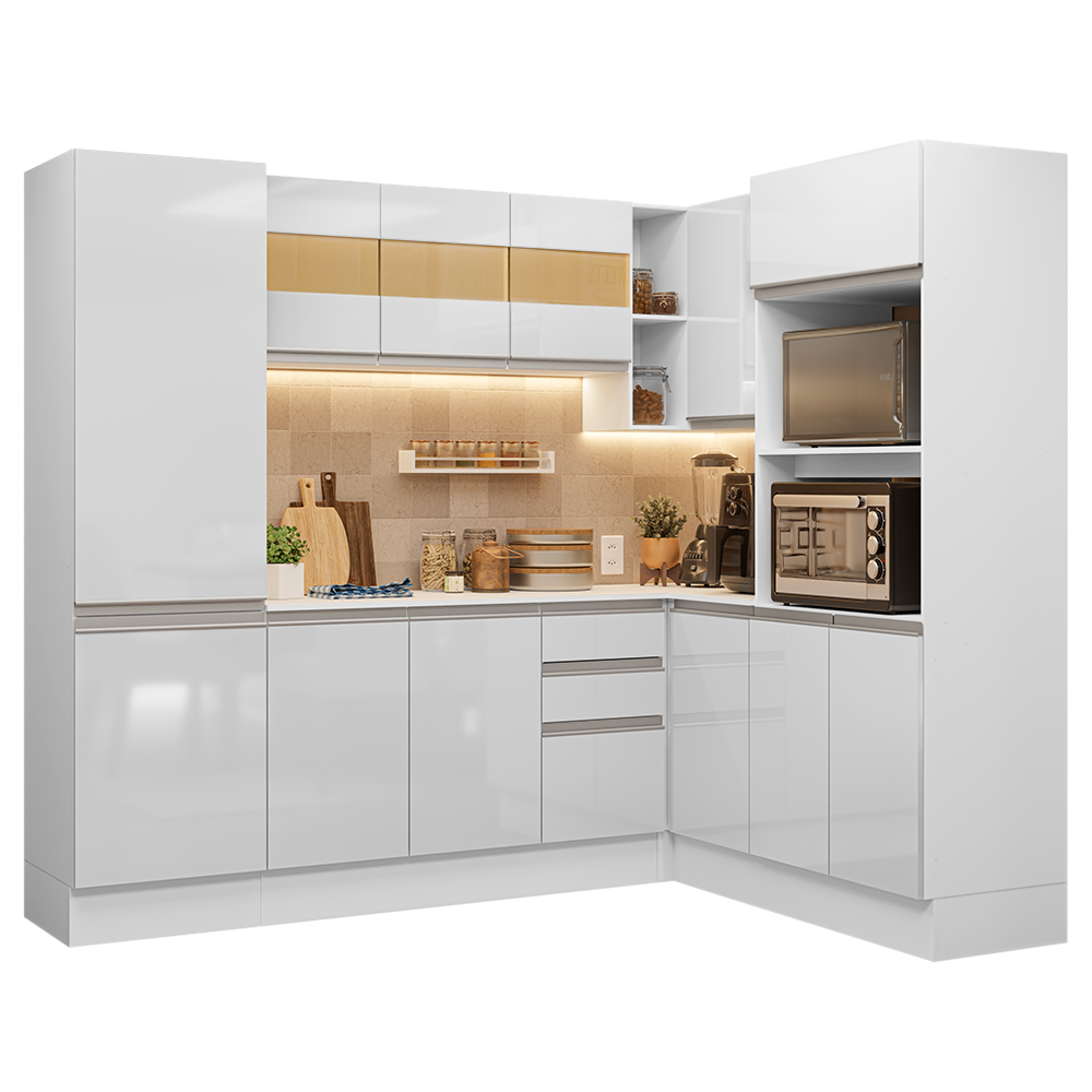 Combo Completo de Cocina Esquinera 100% MDF 377 cm Smart Blanco Brilhante Madesa 01