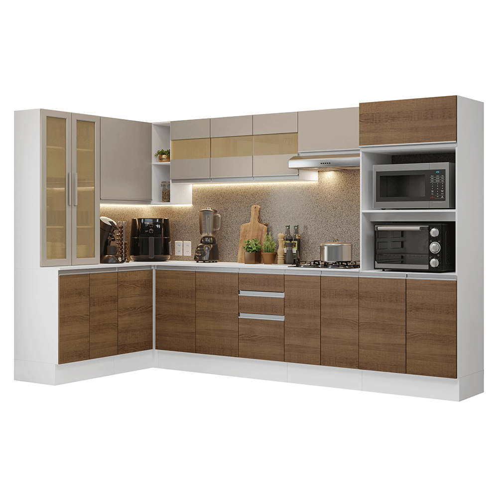 Combo completo de Cocina Esquinero 100% MDF 447 cm Blanco/Marrón/Crema Smart Madesa 02