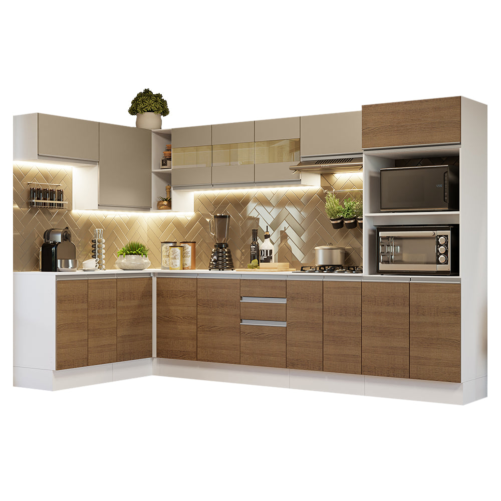 Combo Completo de Cocina Esquinera 100% MDF 447 cm Blanco/Marrón/Crema Smart Madesa 02