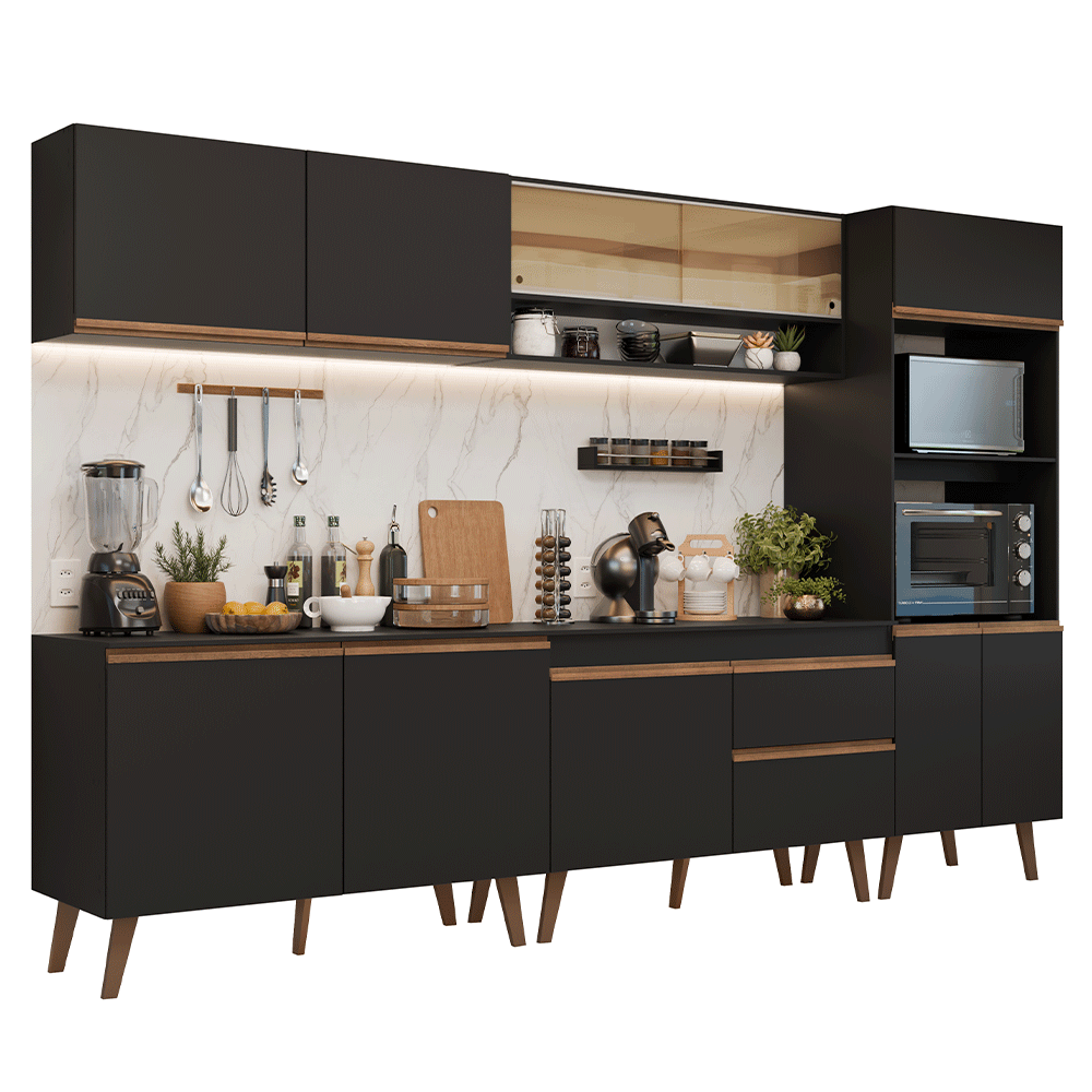 Mueble de Cocina Completa Pieta 310 cm 11 Puertas 1 Cajón (Con Mesada) Negro 02 Madesa