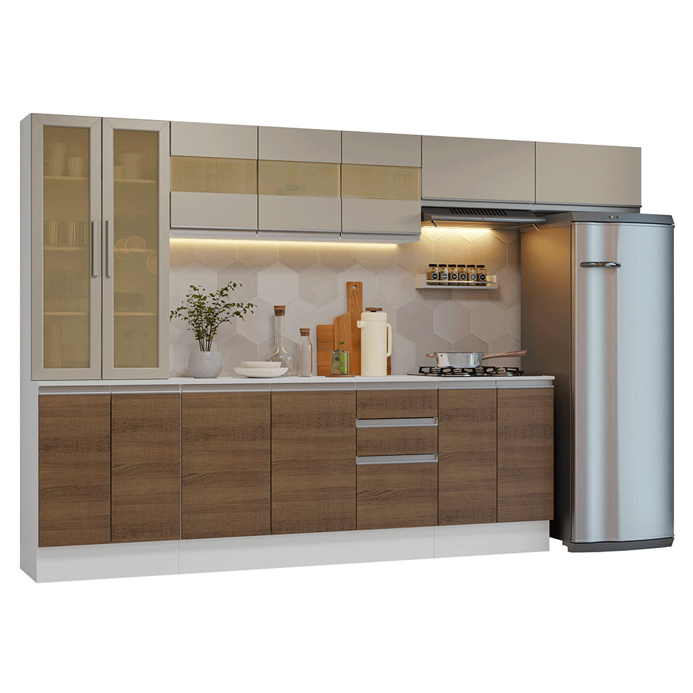 Combo Completo de Cocina 100% MDF 300 cm Blanco/Marrón/Crema Smart Madesa 04
