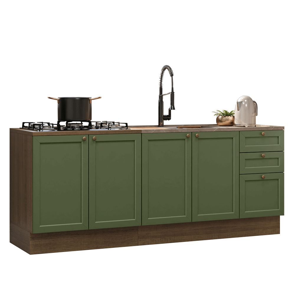 Kit 2 Bajo Mesadas con 3 Cajones 4 Puertas (Sin Mesada) Vik Marrón/Verde 01