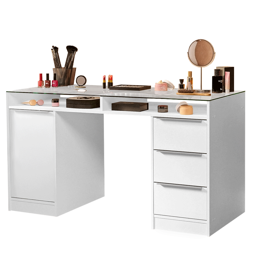 Escritorio Tocador 136cm 1 Puerta 3 Cajones Mesada Vidro Blanco Madesa