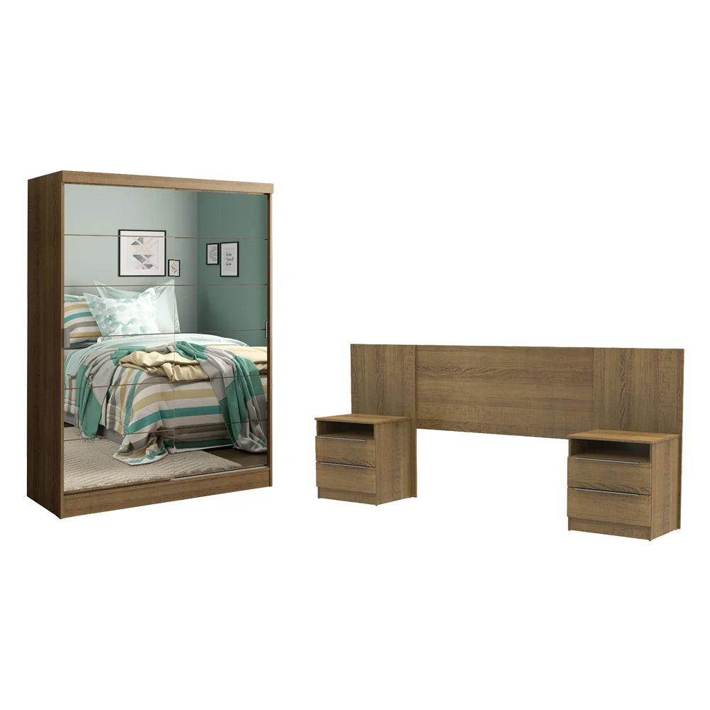 Habitación Completa con Placard Luke 2 Purtas de Espejo y Respaldo de cama con 2 Mesas de Luz Madesa Marrón