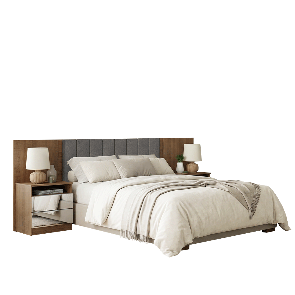 Respaldo de Cama Extensible Tapizado con 2 Mesas de Luz Espejadas Marrón/Silver Madesa