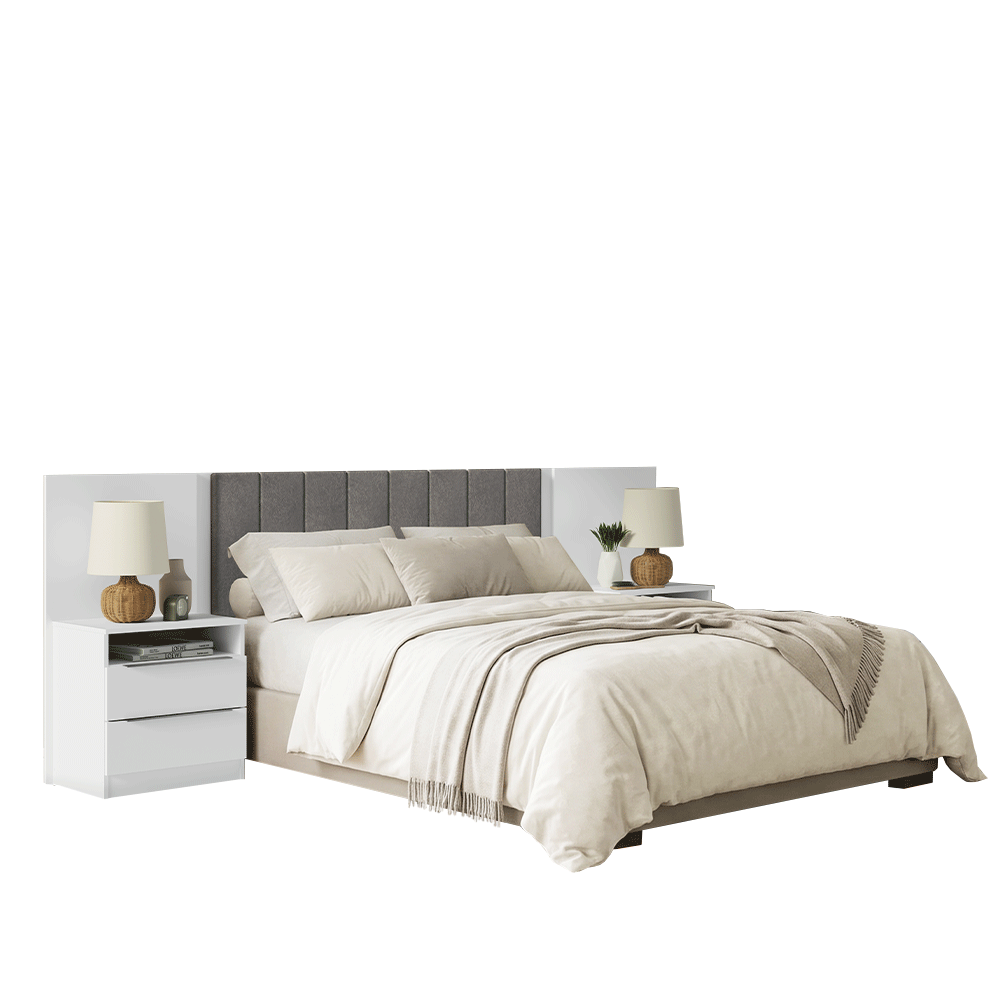 Respaldo de Cama Extensible Tapizado con 2 Mesas de Luz Blanco/Silver Madesa