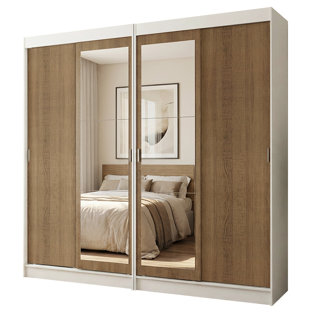 Conjunto 2 Placares 4 Puertas Corredizas con 2 Espejos Blanco/Marrón Tokio Madesa