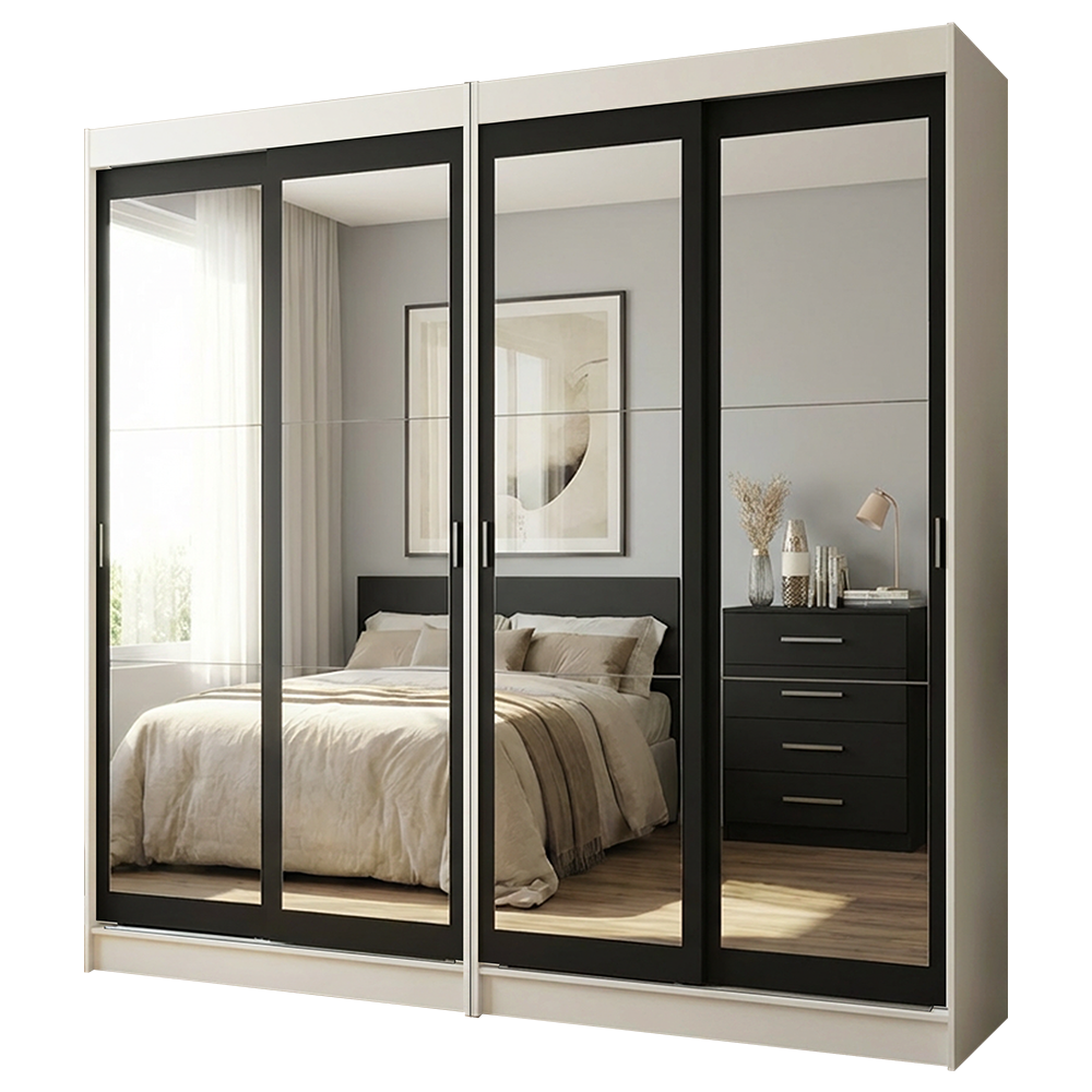 Conjunto 2 Placares 4 Puertas Corredizas con 4 Espejos Blanco/Negro Tokio Madesa