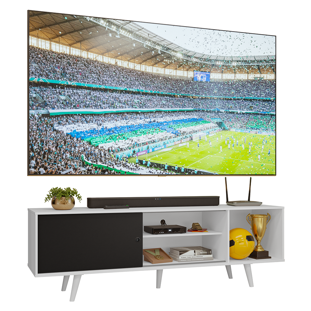 Rack para TV hasta 80 pulgadas, 160cm de ancho, con patas, Blanco/Negro Torino