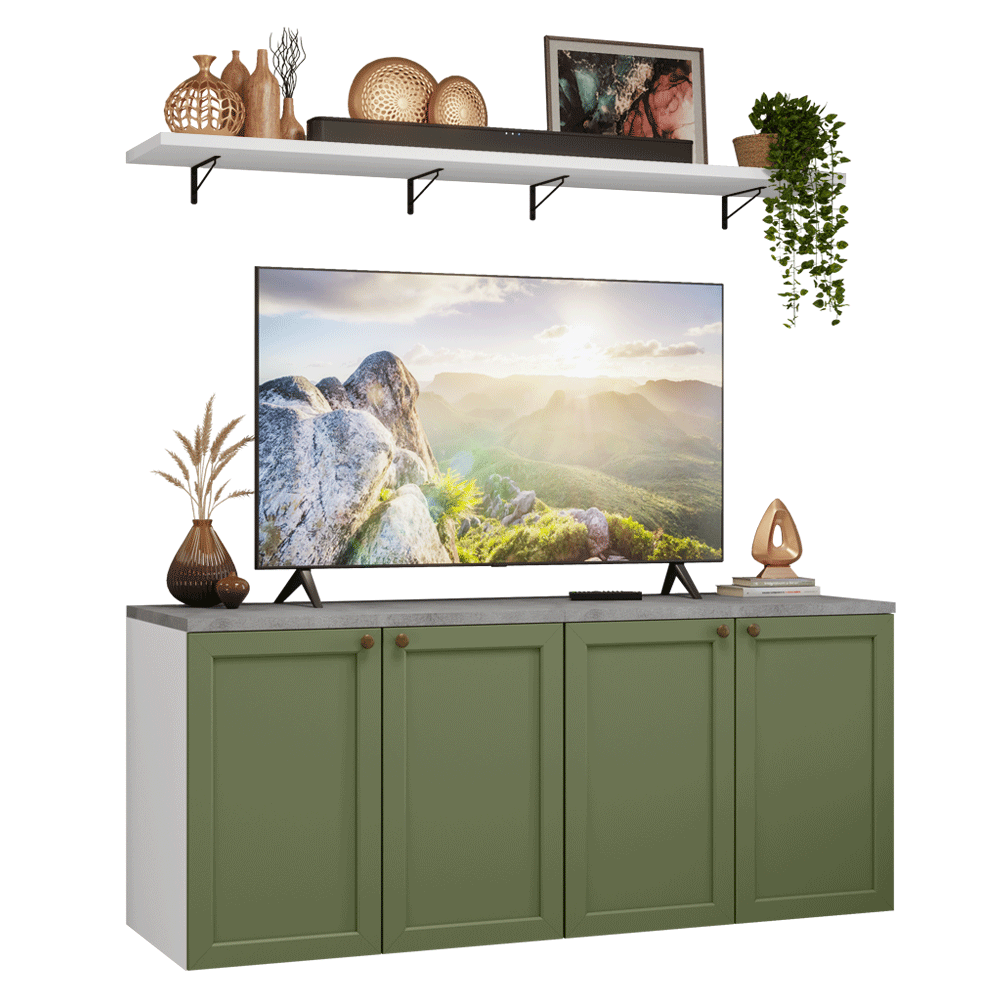 Rack para TV hasta 70 pulgadas + repisas de 160cm, Blanco/Verde Vik 05