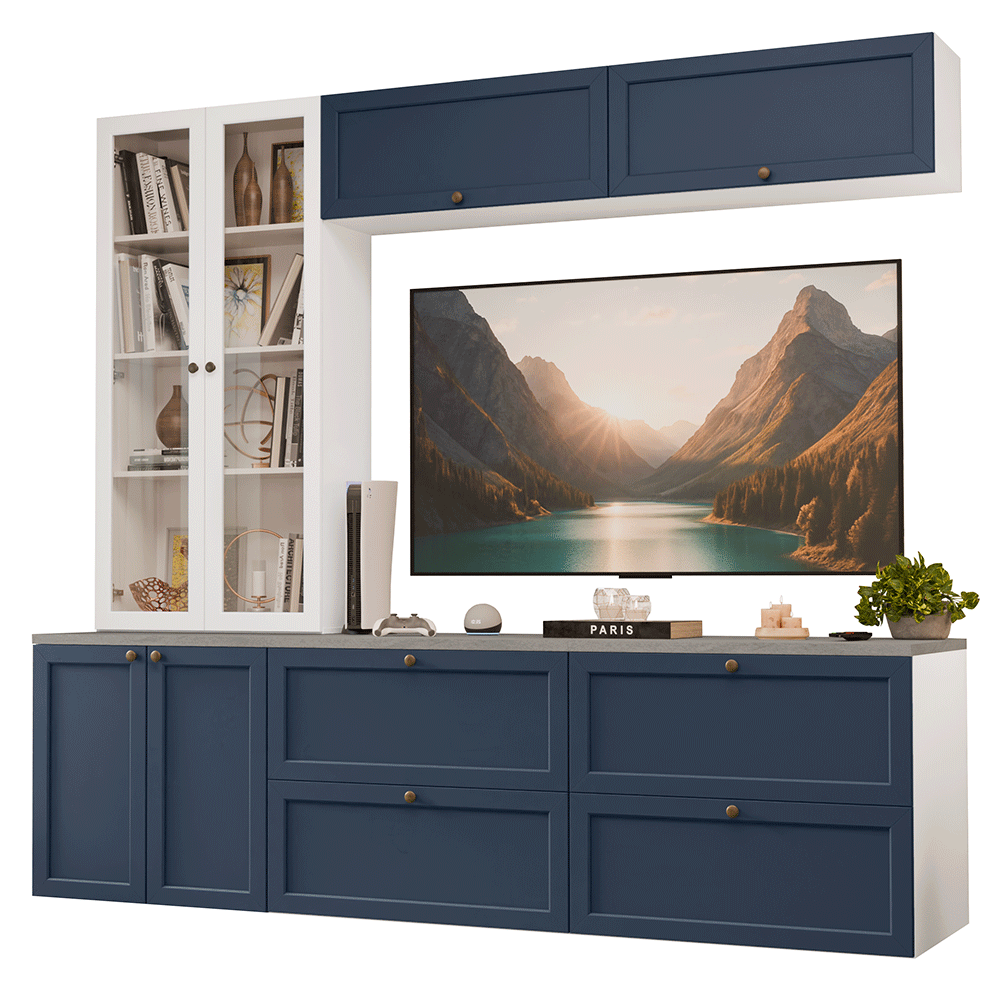 Centros de Entretenimiento con Rack + Cristaleiro 230 cm Blanco/Azul/Blanco Vik Madesa 01