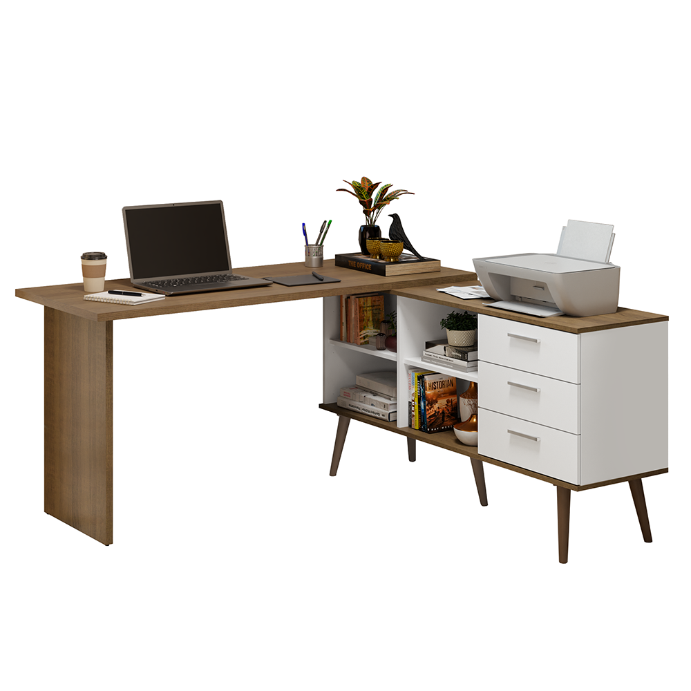 Escritorio em L 3 Cajones Blanco/Marrón Lisboa Madesa