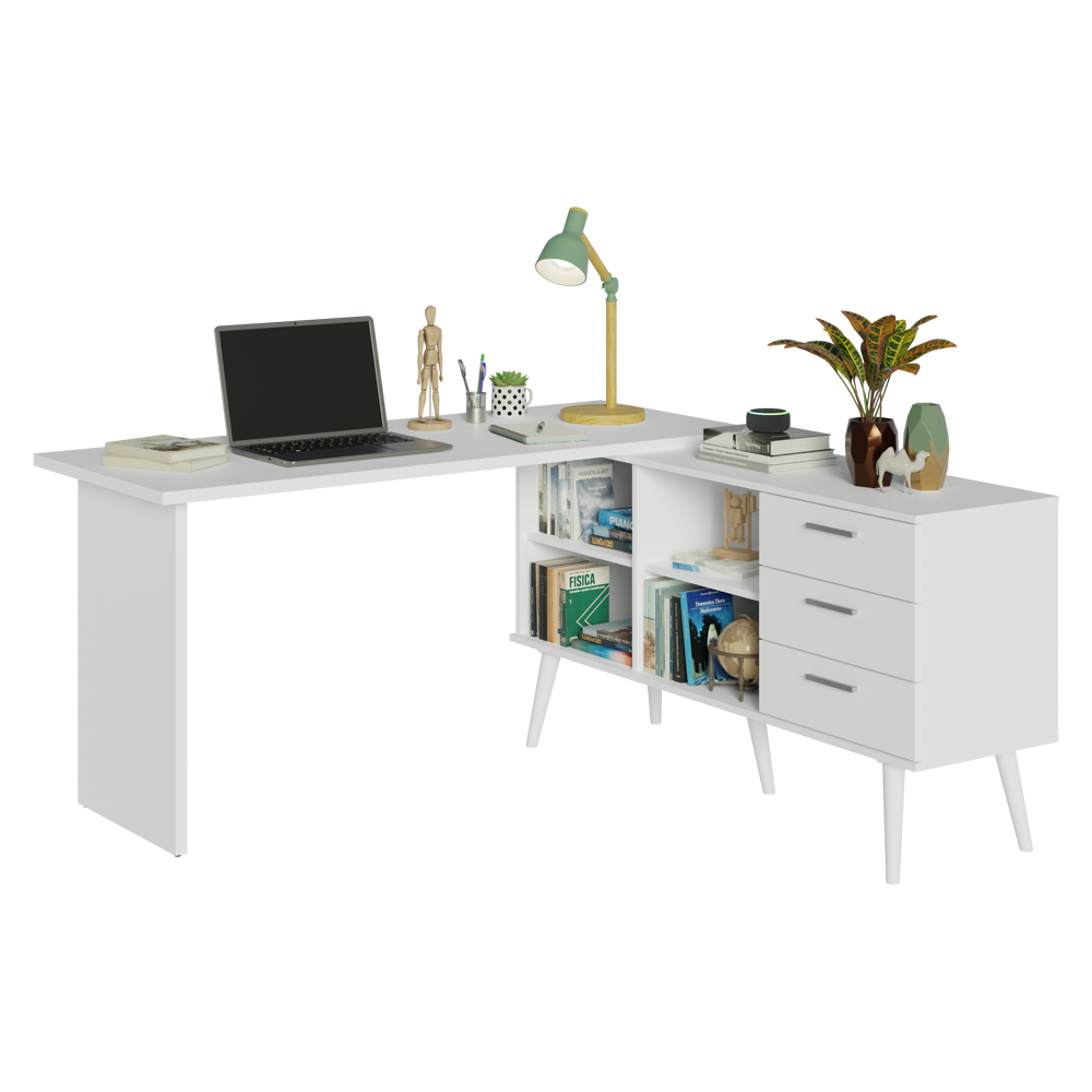Escritorio Mesa de Estudos esquinero 3 Cajones Blanco/Marrón Lisboa Madesa