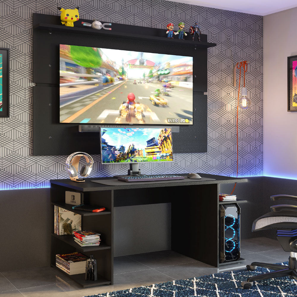 Escritorio Gamer Madesa 9409 con Panel para TV hasta 65 Pulgadas Negro