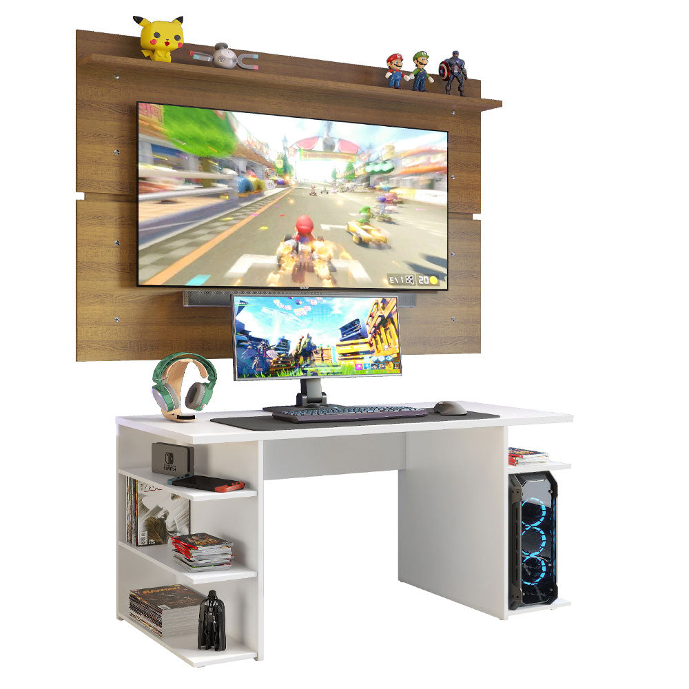 Escritorio Gamer Moderno Madesa + Panel para TV Hasta 65 Pulgadas Blanco/Marrón